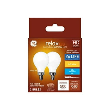 2 Piece 500-Lumen Medium Base GE Lighting 36982 Frosted Finish Light Relax HD Dimmable LED A15 Ceiling Fan Bulb 5.5 2-Pack White 60-Watt-Replacement 2 Piece 500-Lumen Medium Base GE Lighting 36982 Frosted Finish Light Relax HD Dimmable LED A15 Ceiling Fan Bulb 5.5 2-Pack White 60-Watt-Replacement